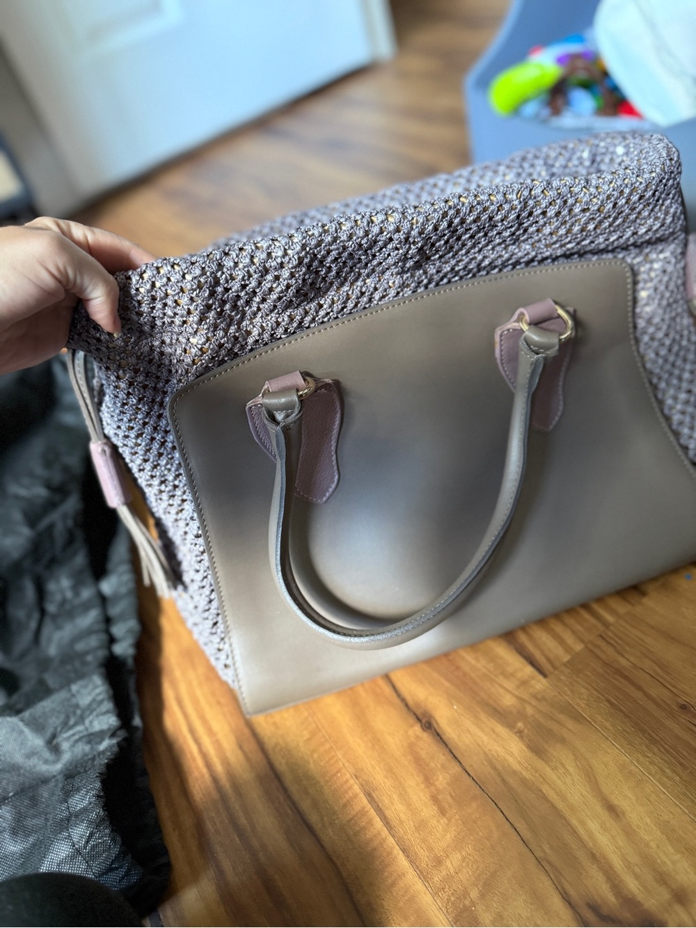 Taupe Knit-Panel Satchel Bag - Aleanto
